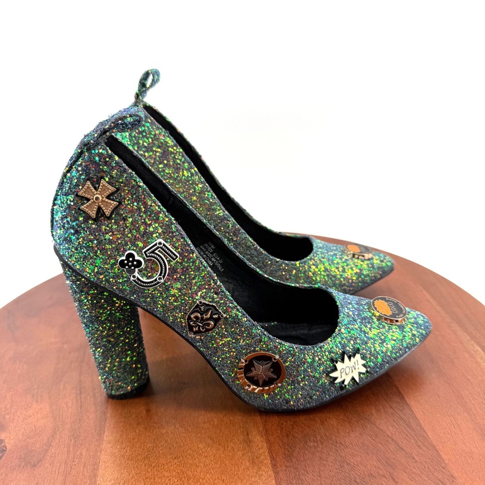 Cape Robbin Ella-25 Pumps Green Iridescent Glitter Charm Block Heel Women 10M